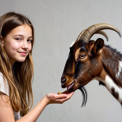 Girl feeding goat treat