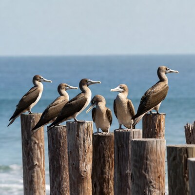 Nazca boobies perched on wooden pilings