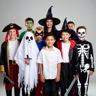 Kids and Mom in Halloween Costumes