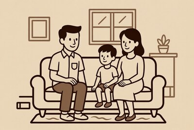 Family sitting on living room sofa
