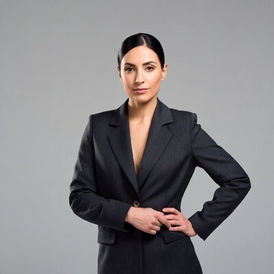 Latina woman in pinstripe suit