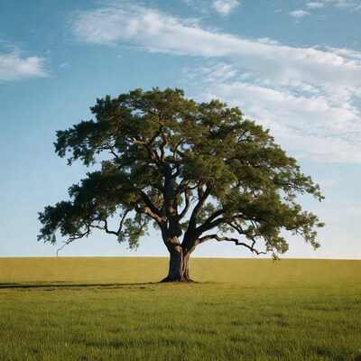 Large oak tree in green field