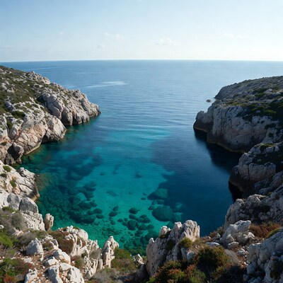 Turquoise cove between rocky cliffs