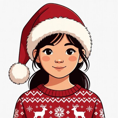 Asian girl in Santa hat and sweater