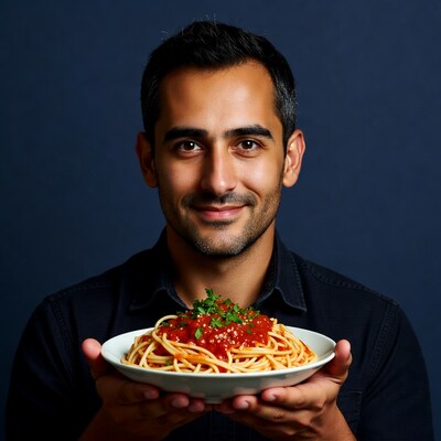 Man holding spaghetti with marinara sauce