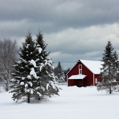 Red Barn Snowy Landscape with Fir Trees