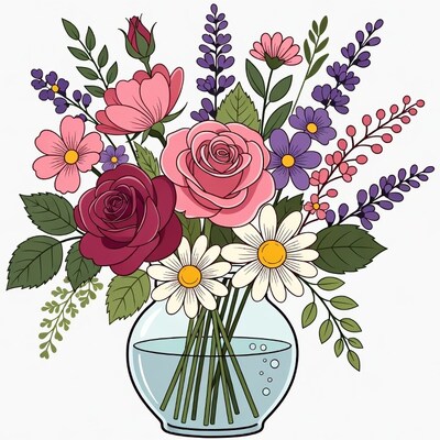 Colorful Flowers in Glass Vase