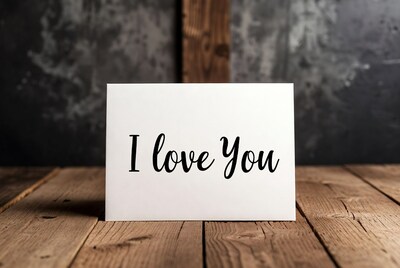 I Love You card on wooden table