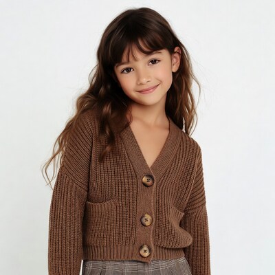 Girl in brown cardigan smiling