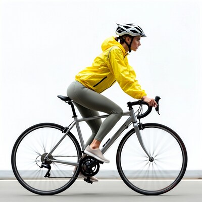 Woman cycling in yellow rain jacket