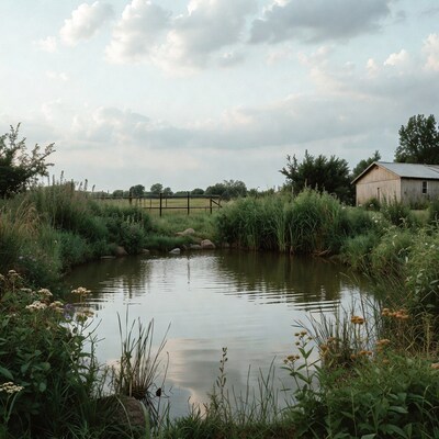 Rural pond with reeds and barn