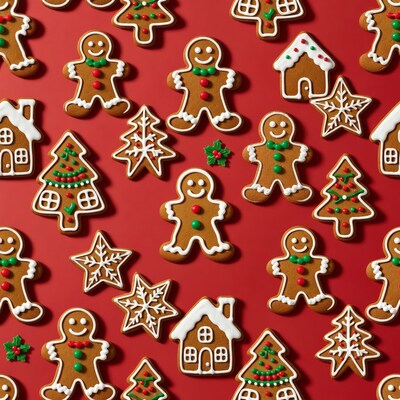 Gingerbread Cookies on Red Background