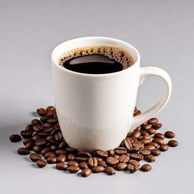 White Mug of Black Coffee with Beans
