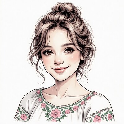 Smiling woman with messy bun illustration