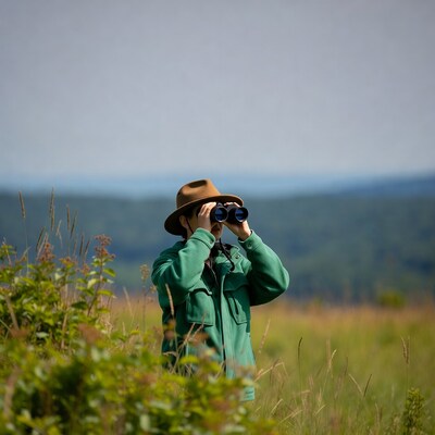 Man using binoculars in field
