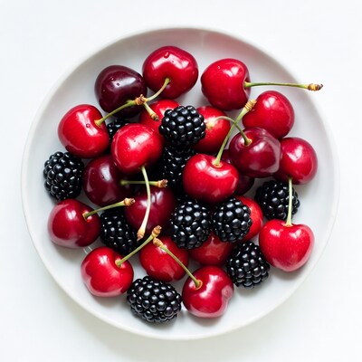 Cherries and Blackberries in White Bowl
