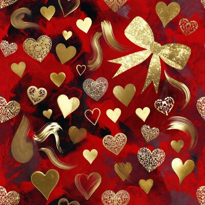 Red Gold Hearts Bow Seamless Pattern