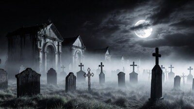 Spooky Cemetery Full Moon Night