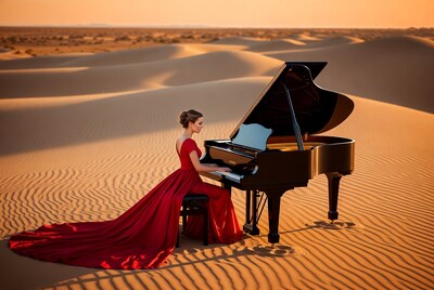 Woman playing piano in desert