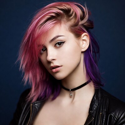 Woman with pink purple hair leather jacket
