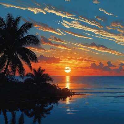 Tropical Palm Trees Sunset Over Ocean