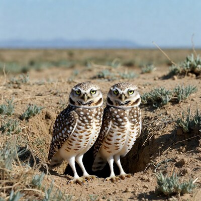 Two Burrowing Owls at Desert Burrow