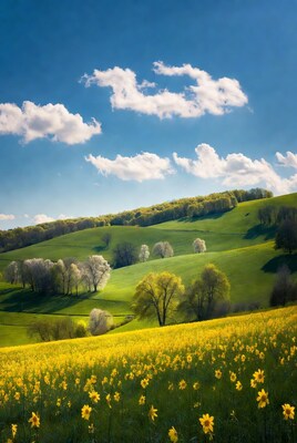 Yellow Flower Field on Green Hills