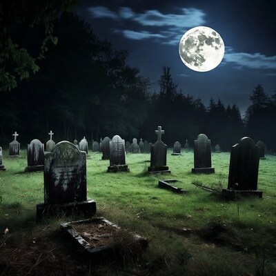 Moonlit Cemetery with Gravestones