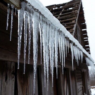 Icicles hanging from wooden roof