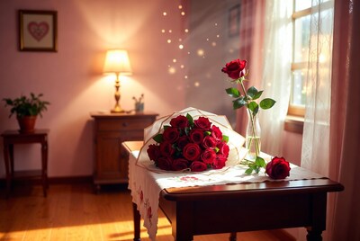 Red Roses Bouquet on Wooden Table