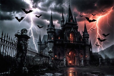 Haunted Castle with Lightning and Bats