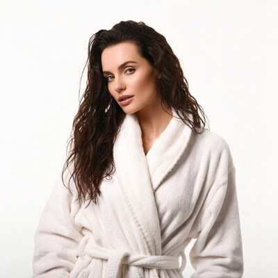 Woman in white bathrobe with wet hair