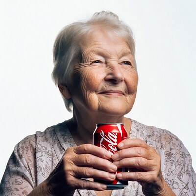 Elderly woman holding Coca-Cola can