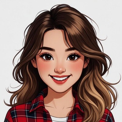 Smiling Asian girl in plaid shirt illustration