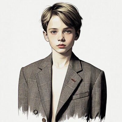 Blond boy in plaid blazer illustration