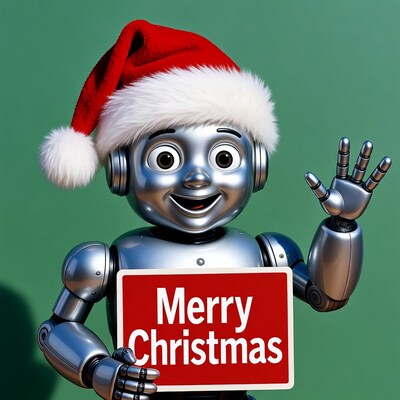 Robot in Santa hat holding Merry Christmas sign