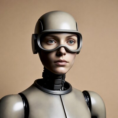 Female robot with helmet and goggles