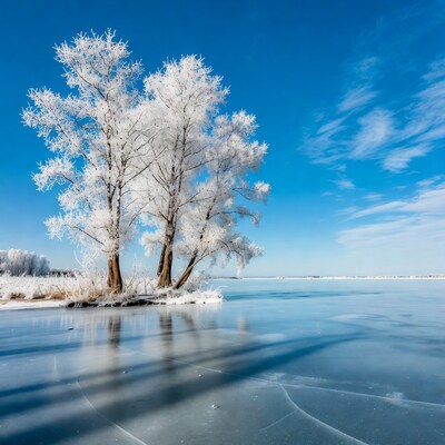 Frost-covered trees on frozen lake