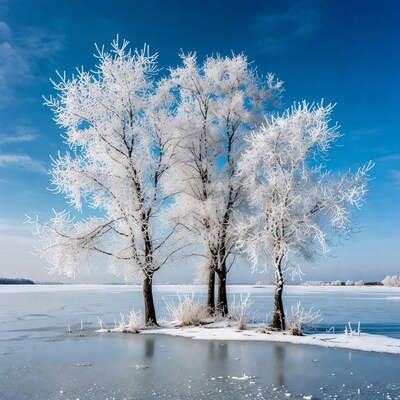 Frost-covered trees on frozen lake