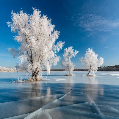 Frost-covered trees on frozen lake