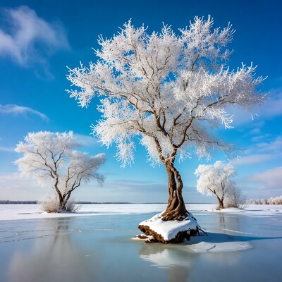 Frost-covered trees on frozen lake