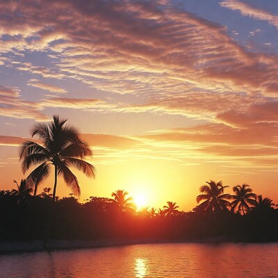 Palm Trees Silhouette at Sunset over Lake