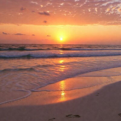 Sunset over beach with footprints