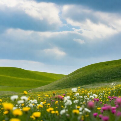 Green Rolling Hills with Wildflowers