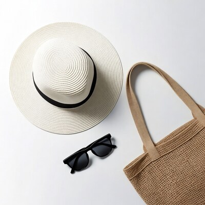 White Straw Hat with Sunglasses and Tote Bag