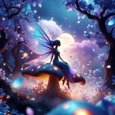Fairy sitting on glowing mushroom
