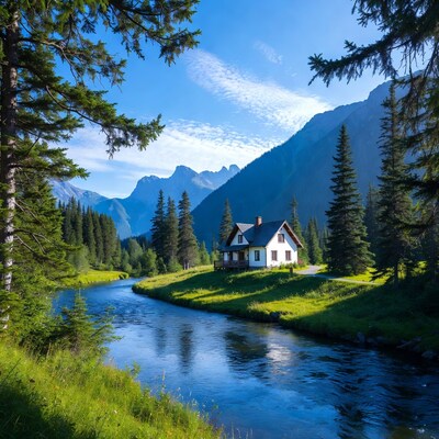 Chalet by River in Alpine Mountains