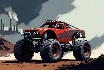 Red Monster Truck Near Smokestacks
