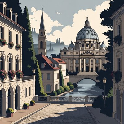 European Town with Dome Church and Bridge