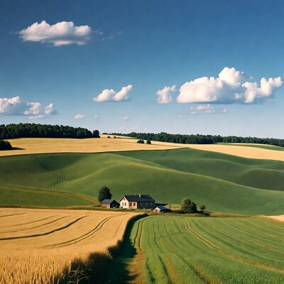Farmhouse on rolling green wheat fields